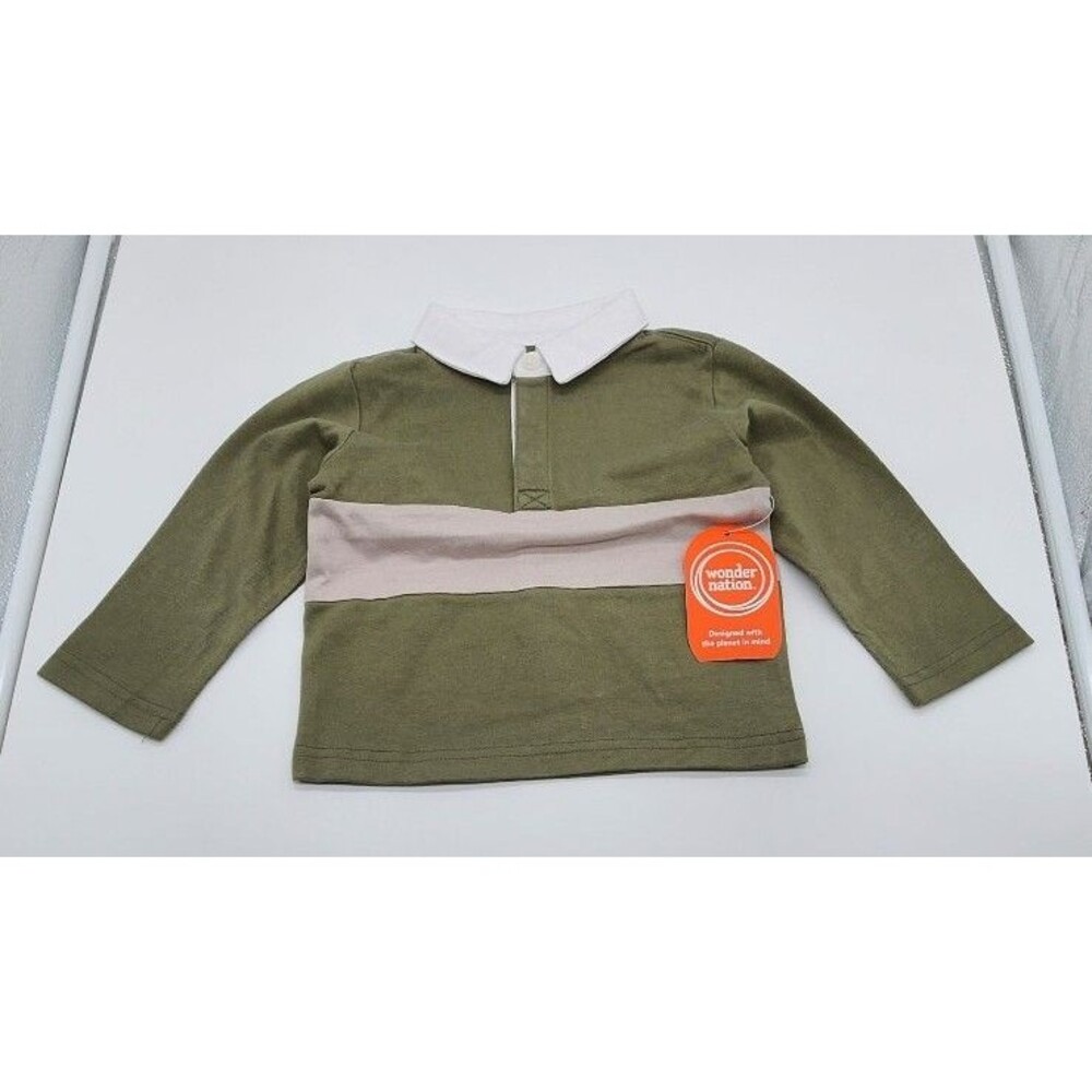 Infant Rugby Style Shirt Olive Green Cream Stripe Long Sleeve 12M